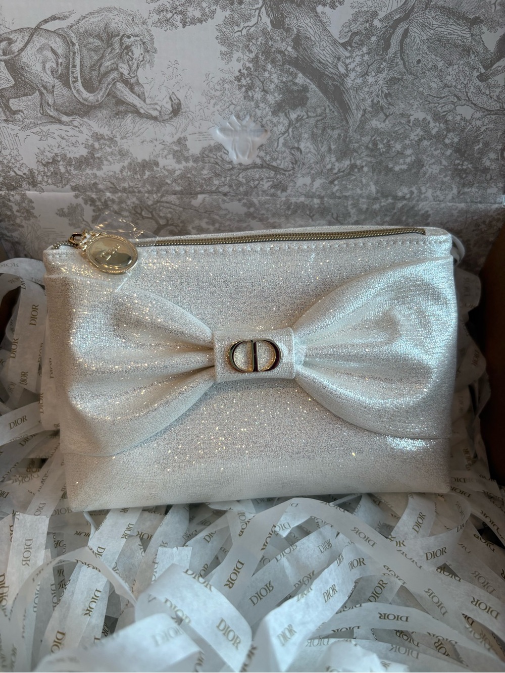 Dior Metallic Ivory Bow Clutch with Gold CD Emblem ~ New Limited Edition Bag